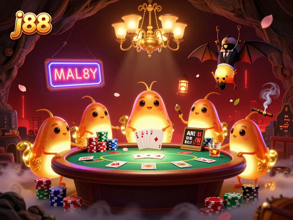 Experience the thrilling atmosphere of j88 casino with bioluminescent glowworms and a bat dealer in a vibrant scene.