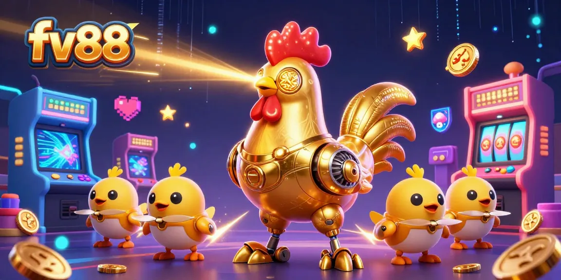 Engage in thrilling gaming action at fv88 with a golden rooster robot and vibrant arcade machines.