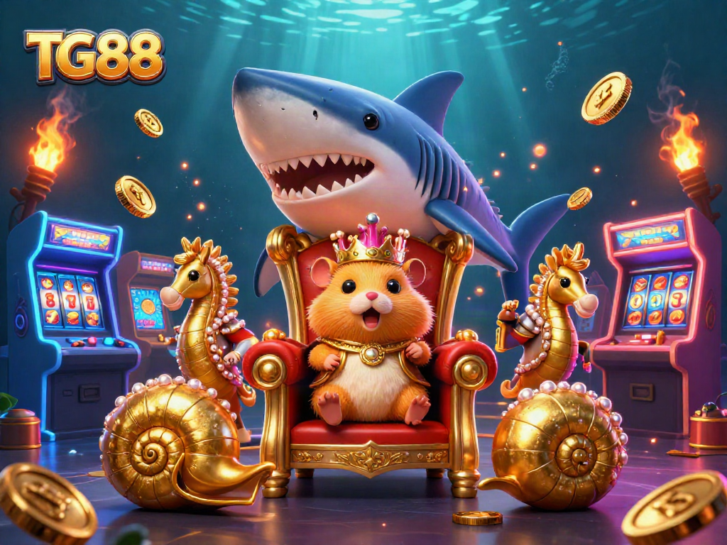 TG88 slot-themed illustration featuring a golden hamster king ruling from a megalodon throne.