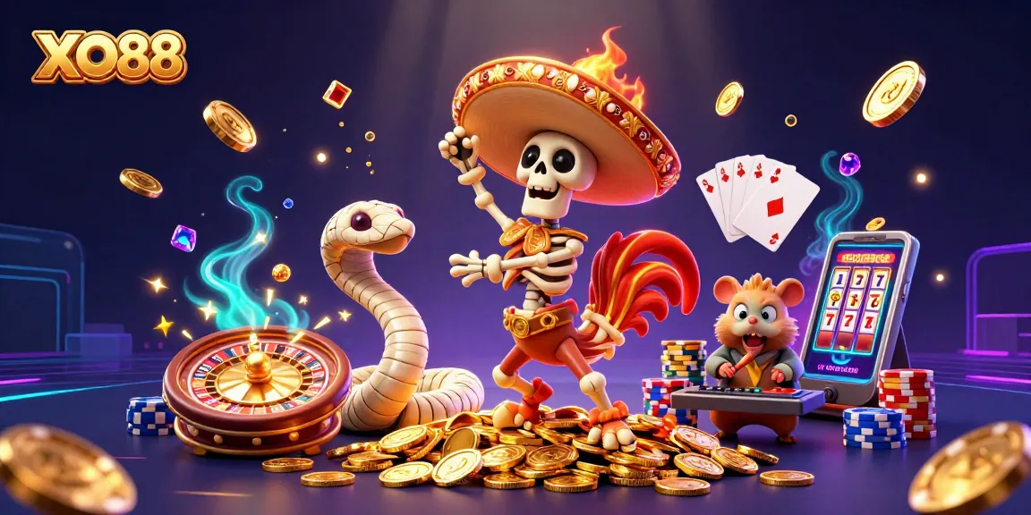 Experience the vibrant action of XO88 with a dynamic victory dance scene, featuring colorful casino elements.