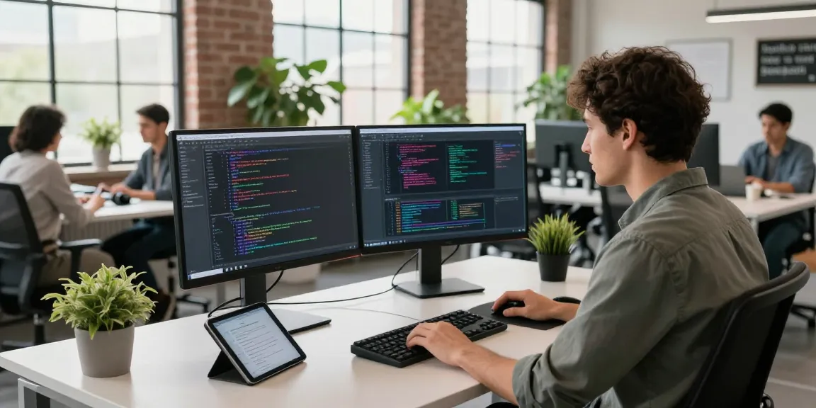 AI image generator at work in a modern office setting, featuring an engineer coding on dual monitors and a creative workspace.