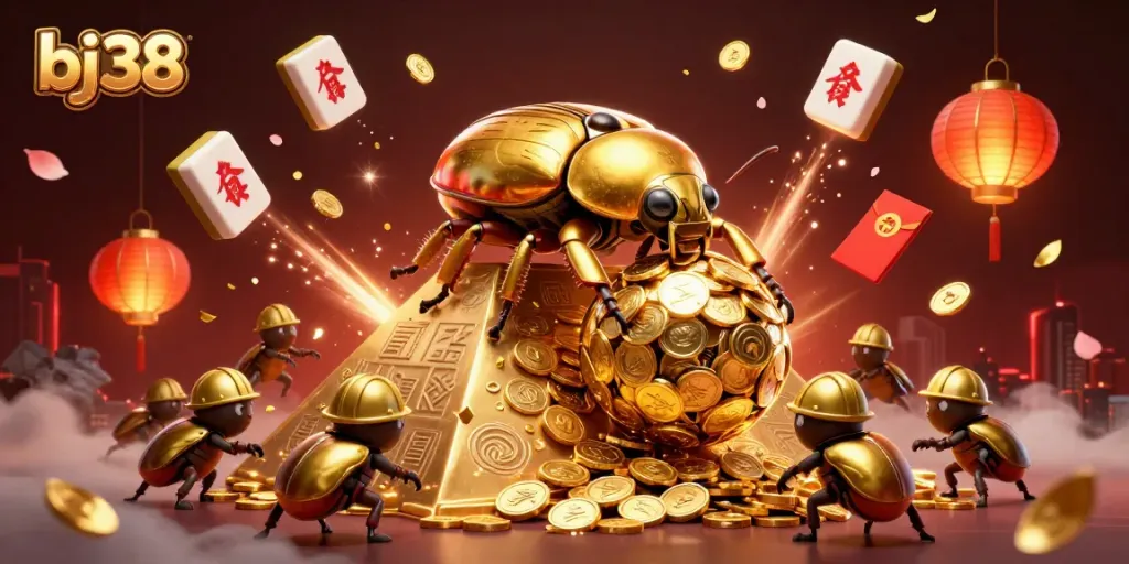 Experience bj38's vibrant casino world with golden beetles and floating game elements.