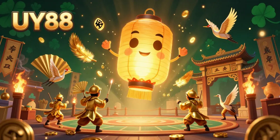 Experience UY88's vibrant casino atmosphere with a golden lantern spirit, warriors, and rich gambling elements.