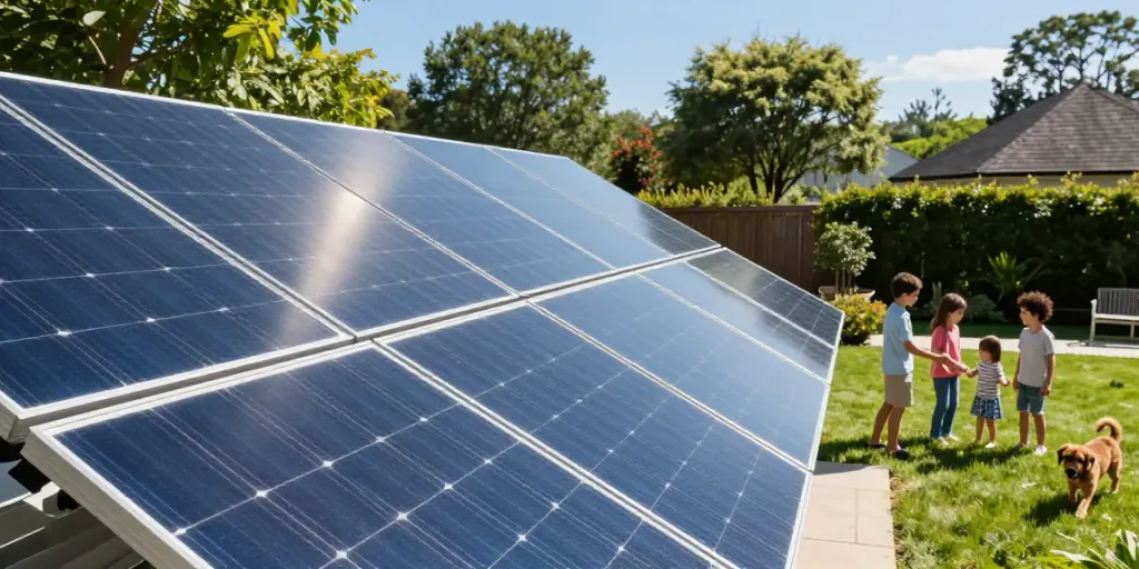Pemasangan sistem solar istana 5kW di kebun rumah dengan keluarga bahagia