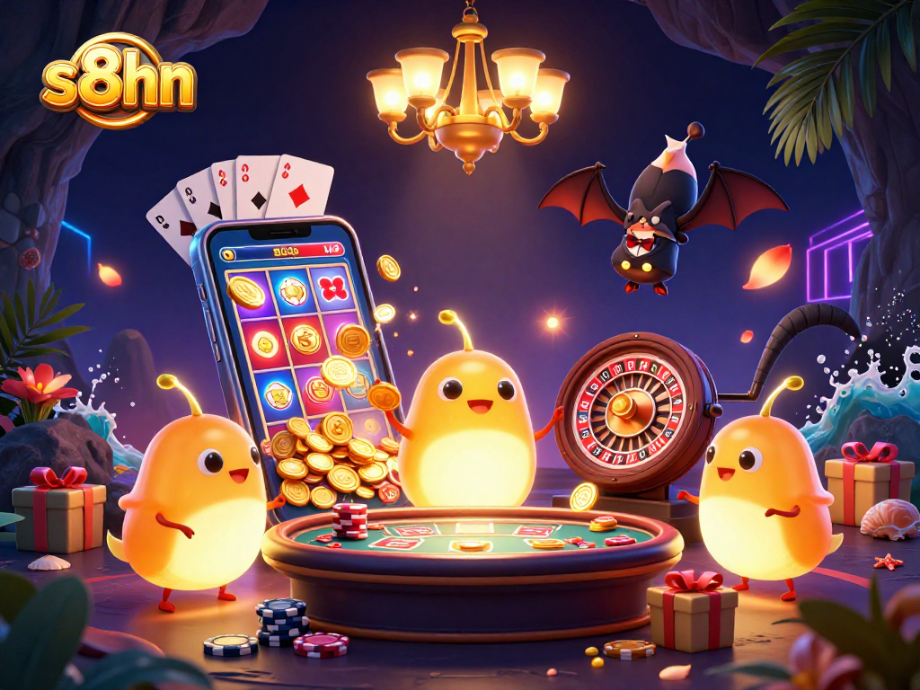 Illuminate your chances at S8HN with a vibrant cave casino scene lighting up the gaming experience.