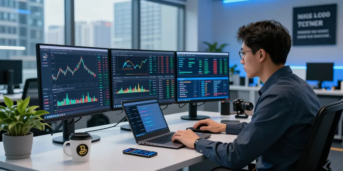 Trader analyzing NAGA2000 crypto data on multiple screens in a modern office.