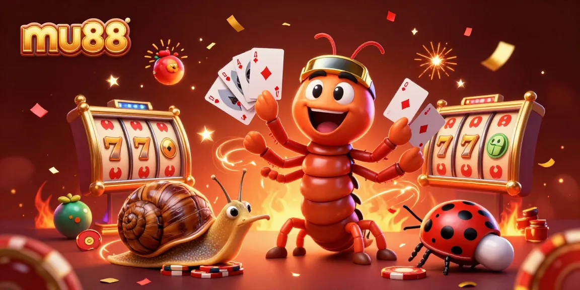 Engage with mu88 in an exciting casino scene featuring a cartoon dealer, high-roller snail, and vibrant slot game elements.