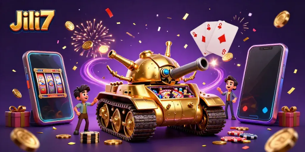 Engage with Jili7 in a lively casino scene featuring a golden beetle tank and slot games.