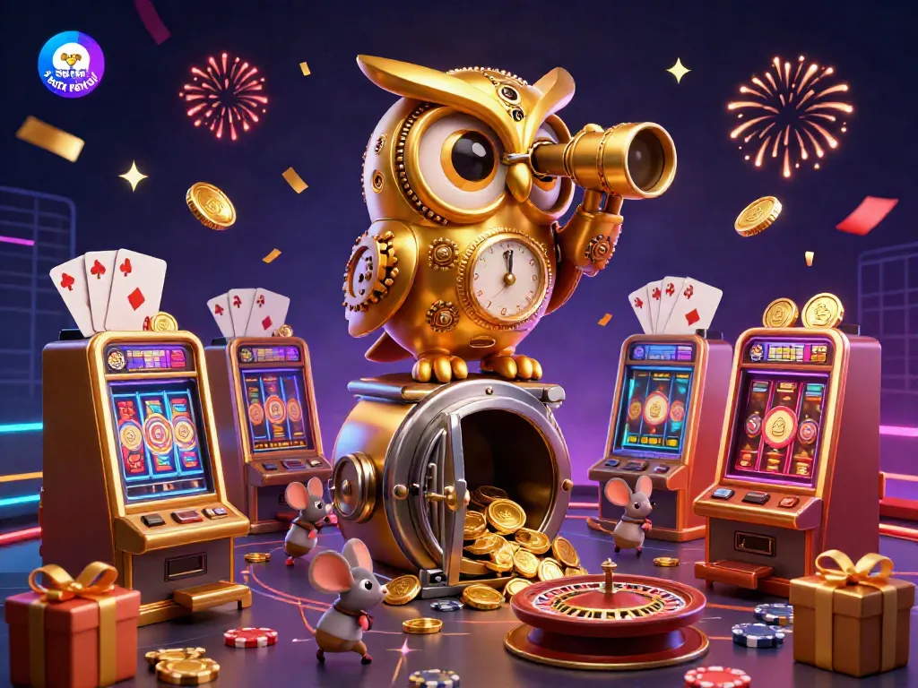 Engage in a magical santa rental experience featuring a whimsical clockwork owl in a vibrant casino setting.