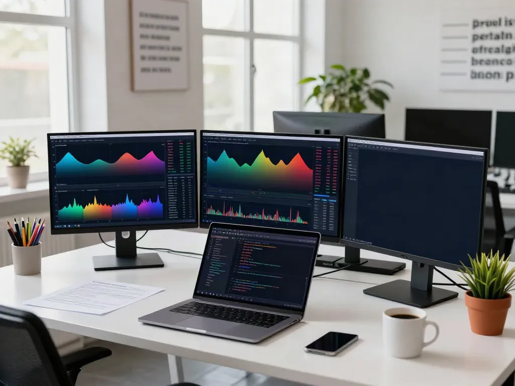 Trader using TradingView in a modern office with multiple screens and charts.