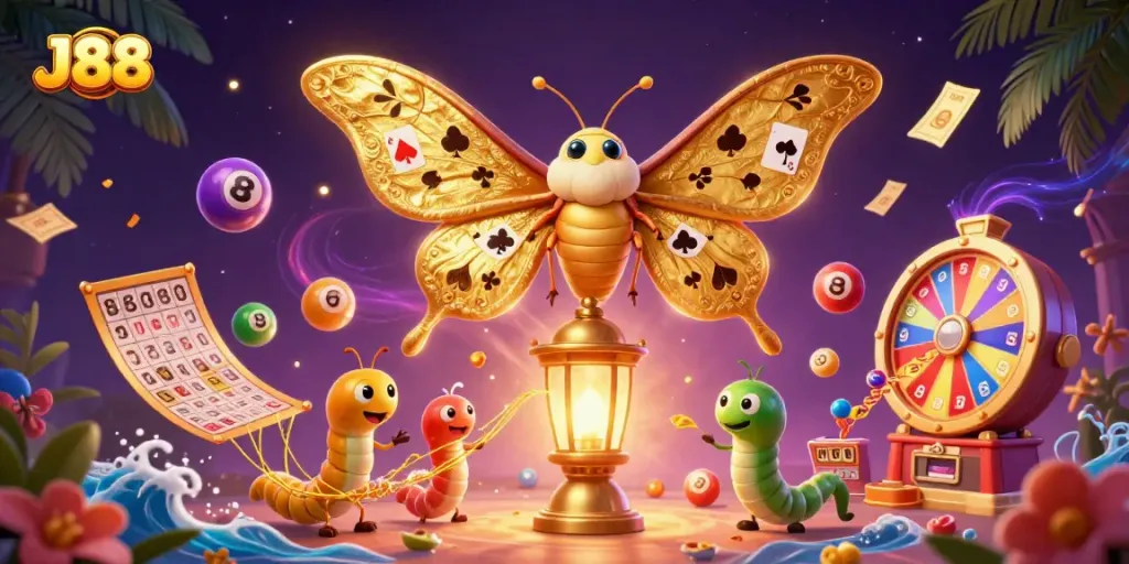 Experience the enchanting J88 casino world with vibrant lottery balls and a majestic moth illustration.