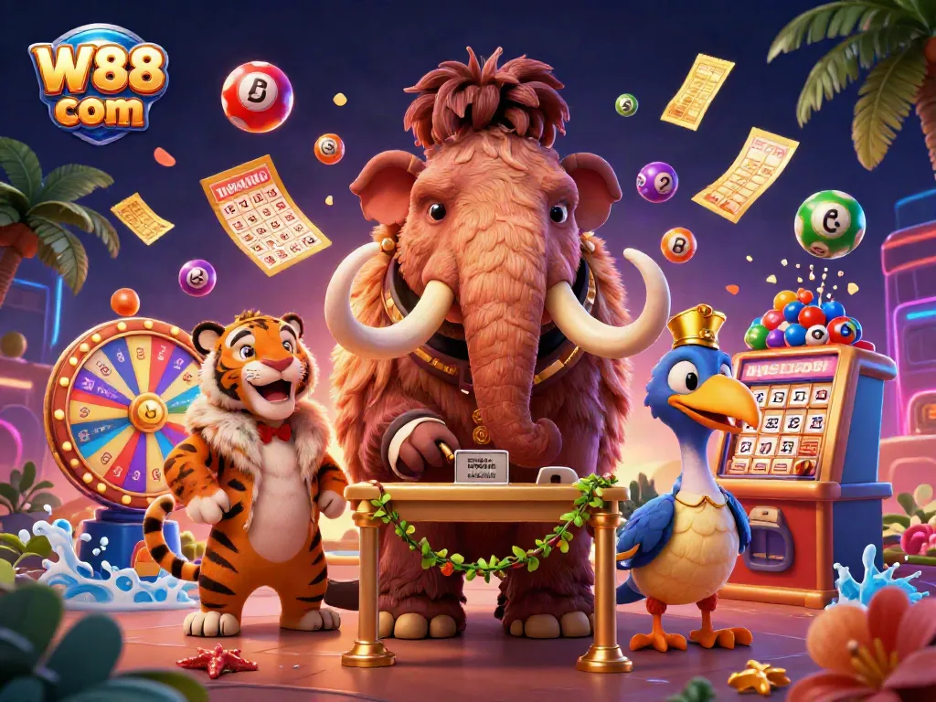 Win big at W88 com with exciting games and colorful lottery elements featured in this vibrant casino scene.