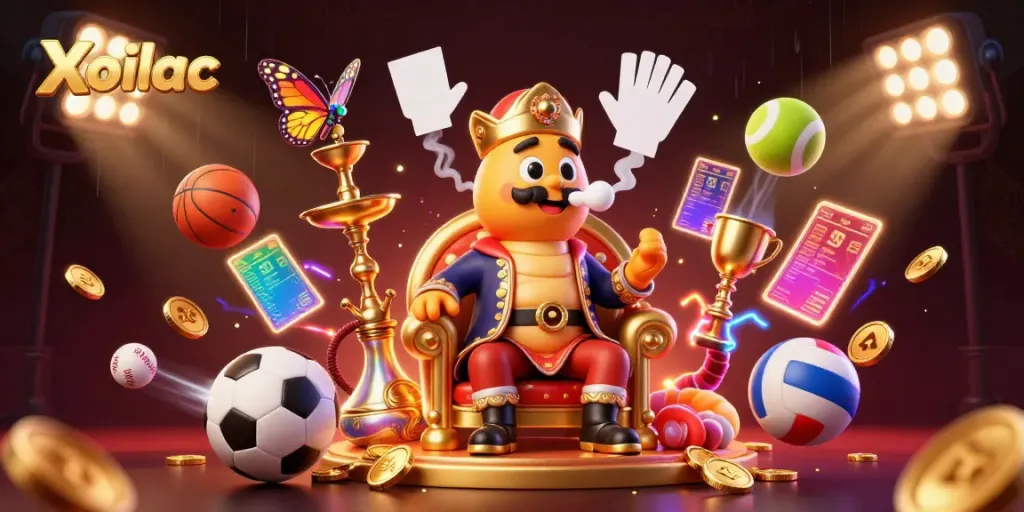 Xoilac shows a caterpillar hookah-master among sports elements in a vibrant illustration.
