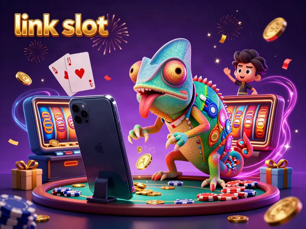 Experience the thrill of link slot with a vibrant casino scene featuring a chameleon owner and dynamic game elements.