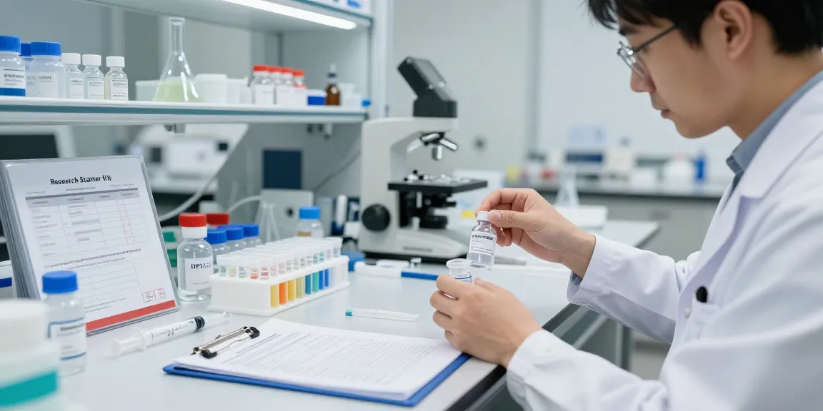 Preparing multi-vial peptide kits in a laboratory setting with vials and syringes.