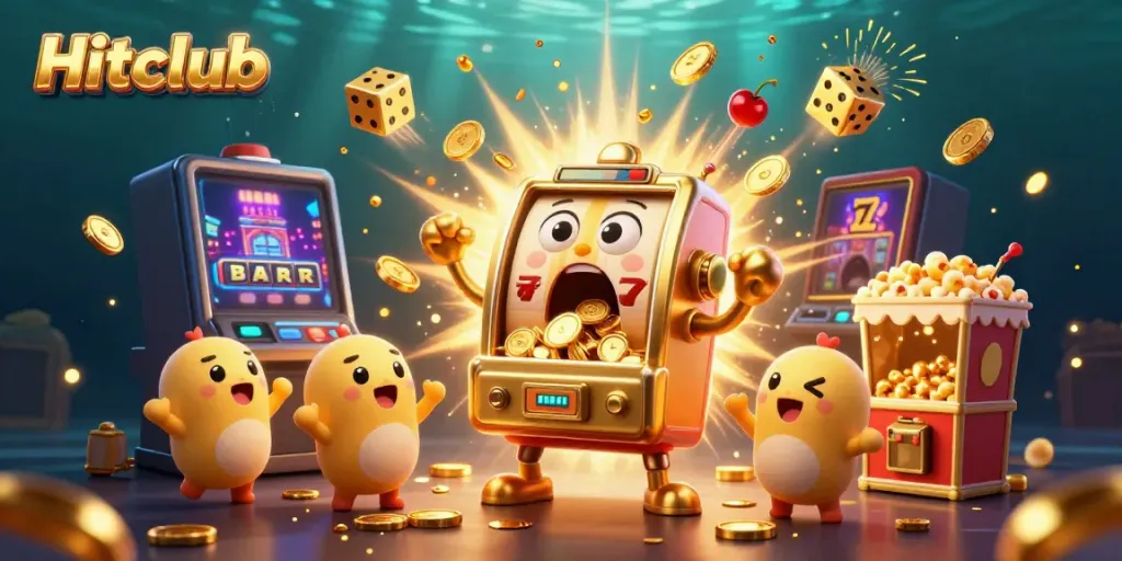 Hitclub slot machine celebrates a jackpot with coins flying, vibrant casino elements explode around.