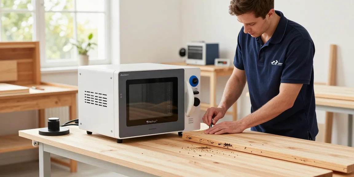 Shashel microwave technology effectively eliminating wood-boring insects in a clean workshop.
