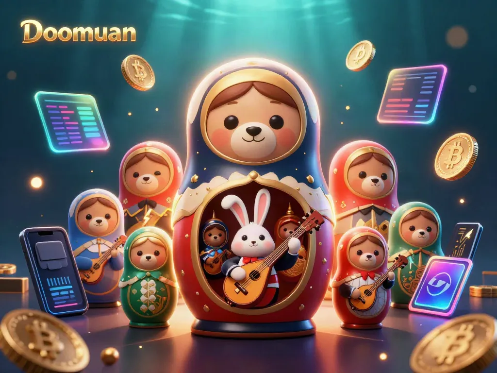 Experience the thrill of gambling with Doomuan at a vibrant 3D cartoon casino scene featuring bears and crypto elements.