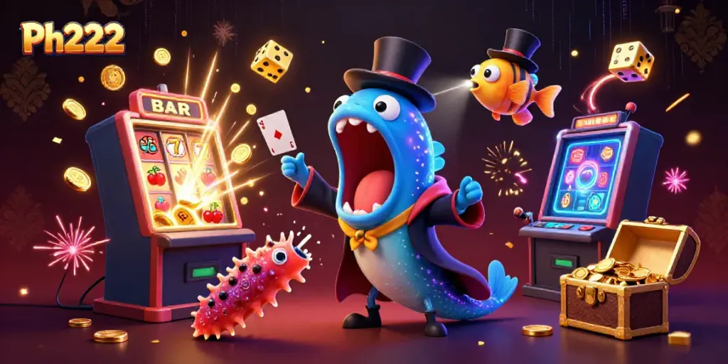 Engage with Ph222's vibrant world as a bioluminescent deep-sea gulper eel performs thrilling card tricks amidst a jackpot explosion.