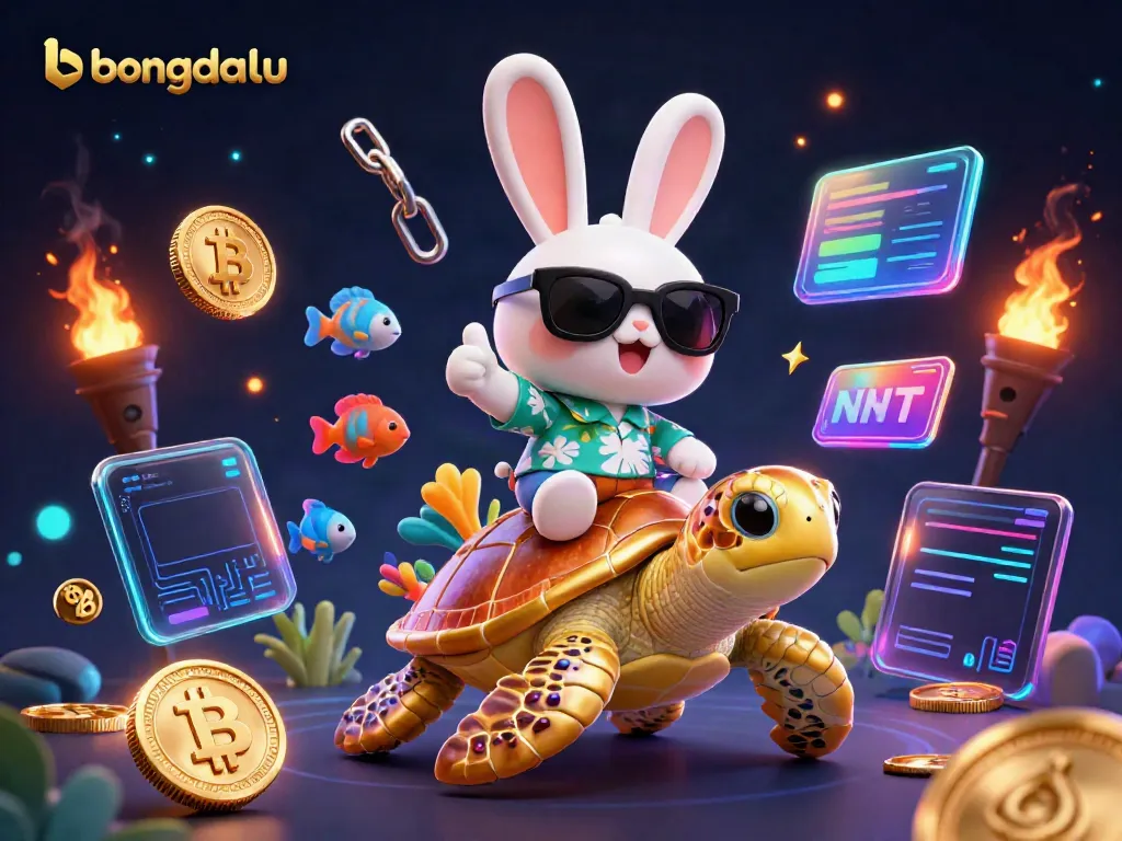 Bongdalu showcases an adventurous rabbit and sea turtle amidst vibrant crypto elements in a lively scene