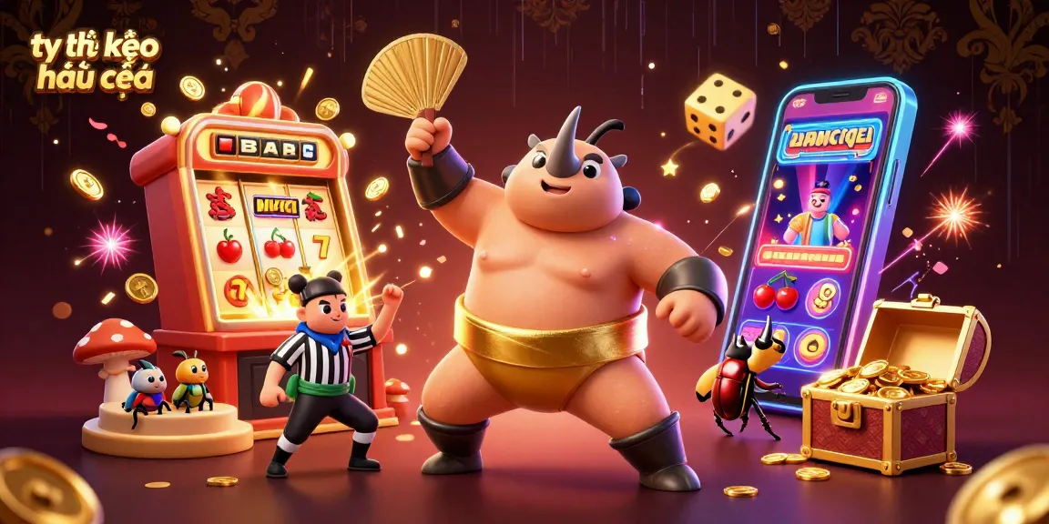 Experience thrilling moments with tỷ lệ kèo nhà cái in this dynamic 3D casino illustration showcasing a sumo beetle champion amidst gold coins and winning symbols.