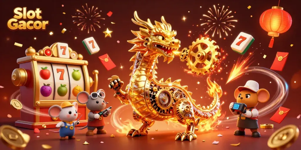 Permainan Slot Gacor dengan naga emas dan detail mendetail.