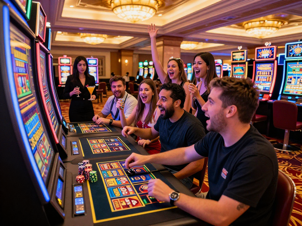 Excited group of friends celebrating a win at a slot machine in a vibrant casino setting