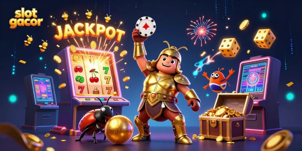 Experience thrilling slot gacor wins with a vibrant jackpot scene featuring animated beetles and casino excitement.