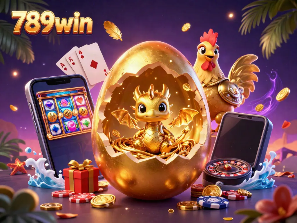 Experience the excitement of 789win with a golden dragon and casino elements in this vibrant illustration.