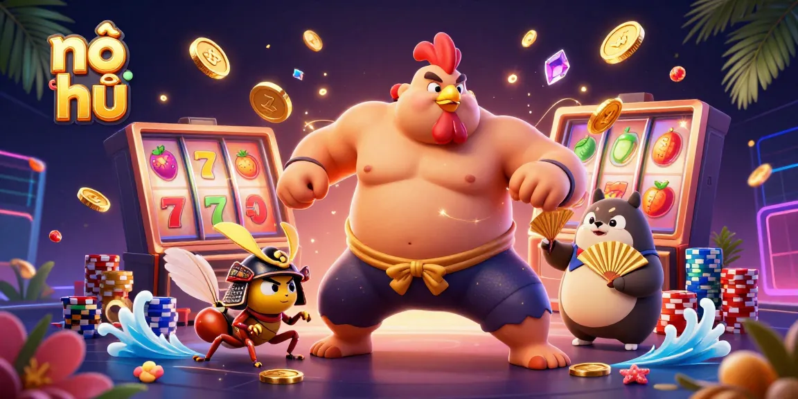 Nổ hũ slots come to life with a powerful sumo wrestler rooster and vibrant casino elements.