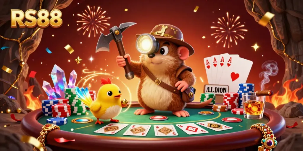 Experience winning strategies at RS88 with a cartoon mole and canary in a golden cave filled with casino treasures.