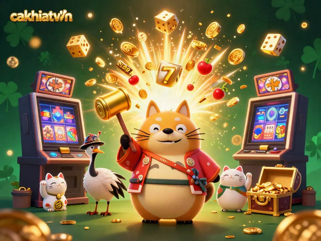 Enjoy thrilling gaming moments with cakhiatvvn's vibrant 3D casino scene featuring lucky tanuki and fortune cats.