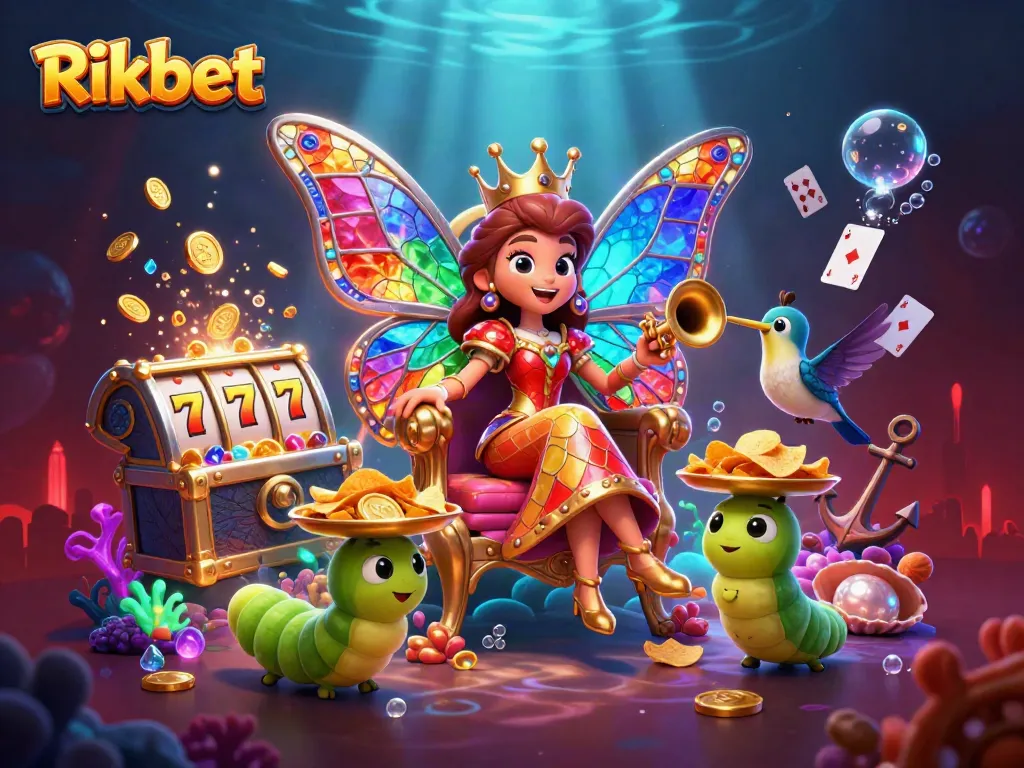 Experience the excitement at Rikbet with vibrant casino elements and a butterfly queen in this dynamic illustration.
