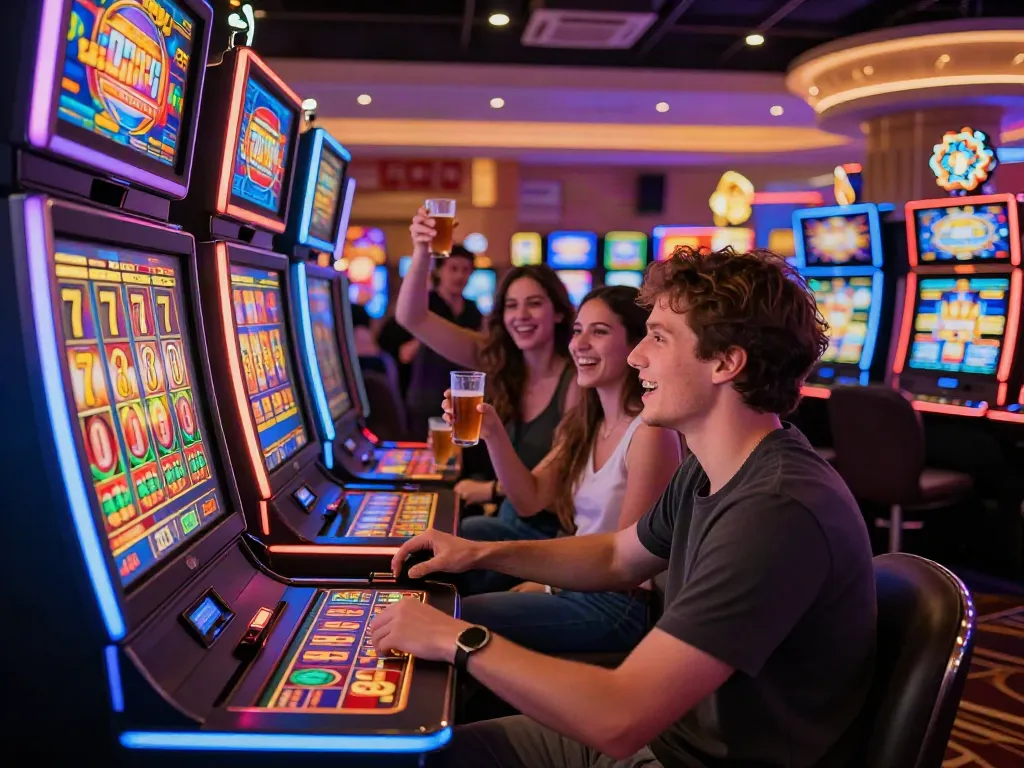 Pemain bersemangat menikmati permainan slot777 dengan suasana kasino yang cerah.