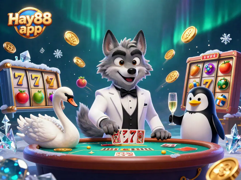 Experience thrilling wins with the Hay88 app in a vibrant casino-themed illustration.