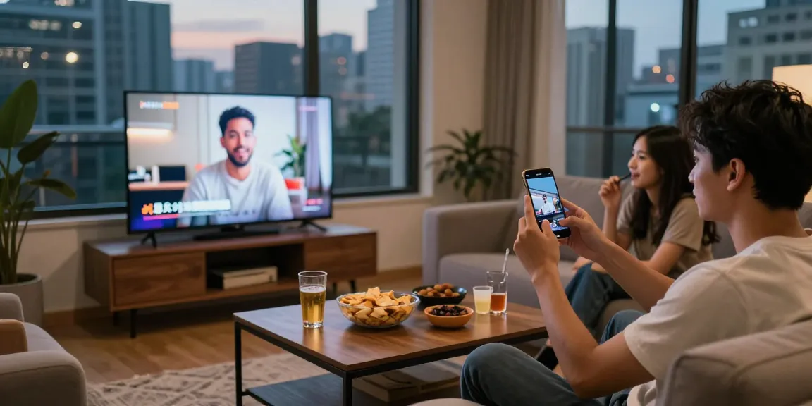Friends enjoying bokep viral indonesia videos in cozy urban apartment, sharing snacks and capturing moments.