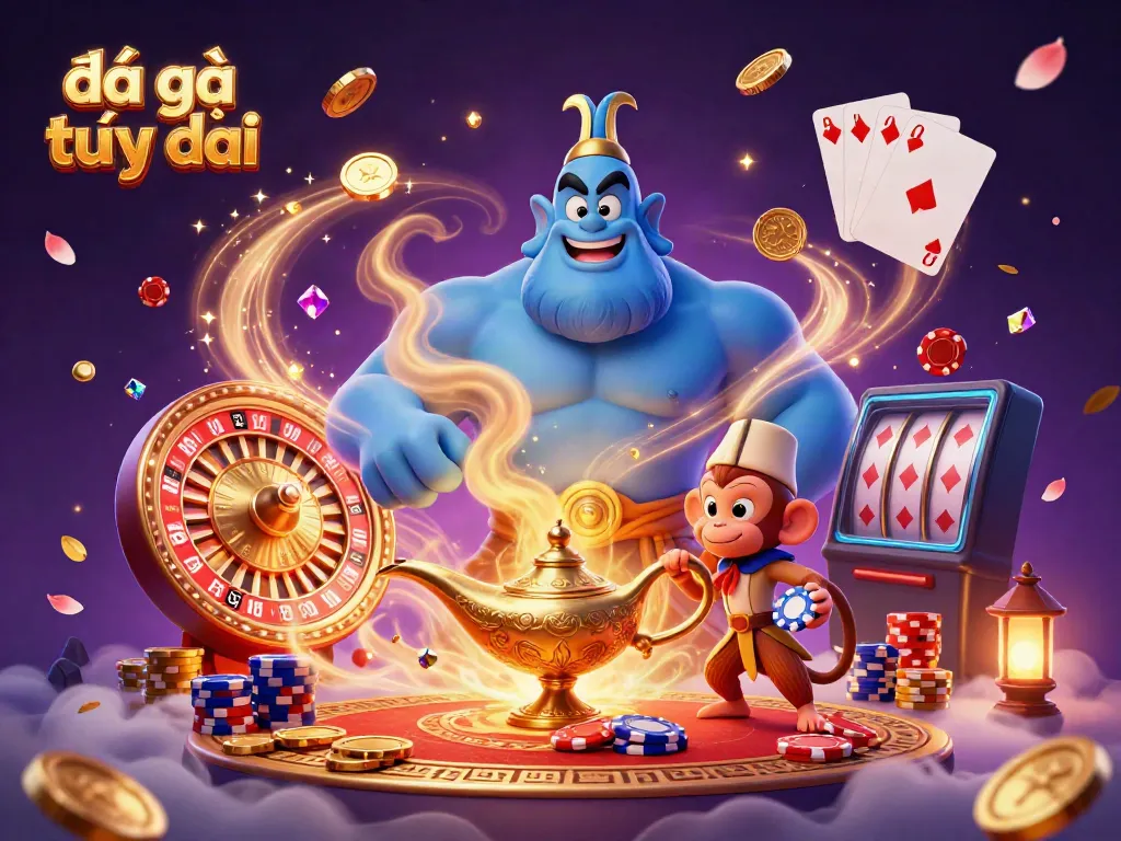 Experience intense đá gà trực tiếp action with a vibrant genie scene featuring poker elements and dazzling treasures.