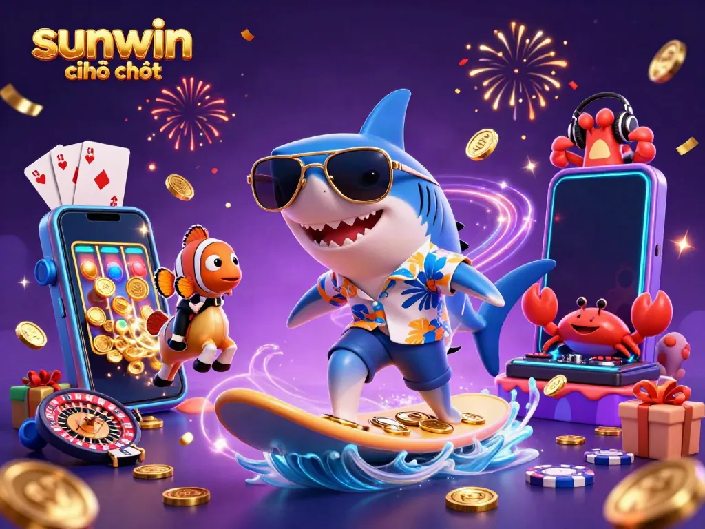 Engage with sunwin chính thức as a hammer-head shark rides gold coins amidst colorful gaming icons.