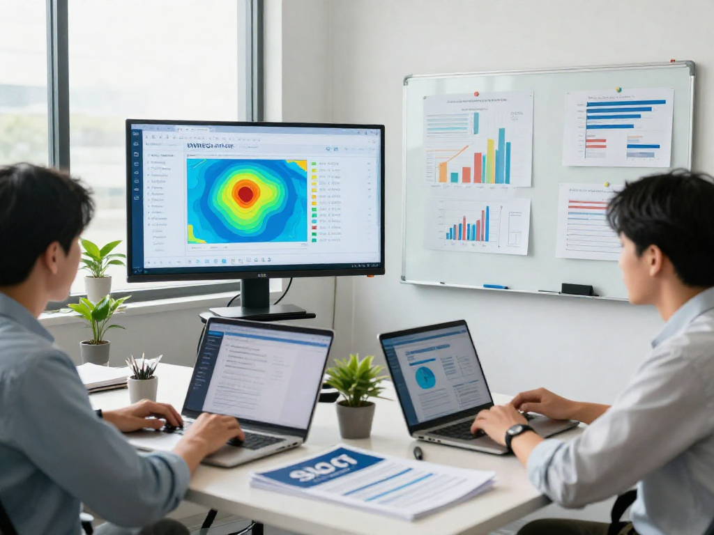 HVAC SEO company team analyzing marketing strategies in a modern office.