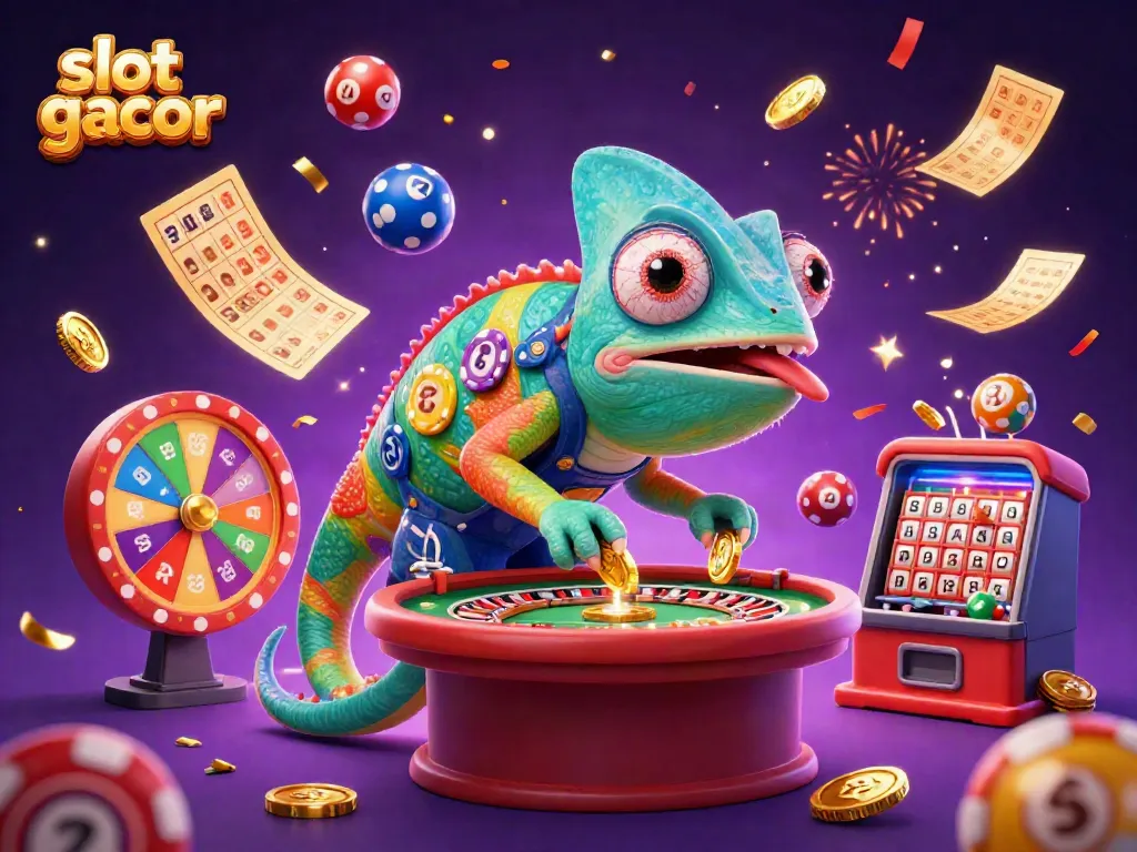 Engage with slot gacor excitement in a vivid 3D cartoon casino scene featuring a chameleon owner.