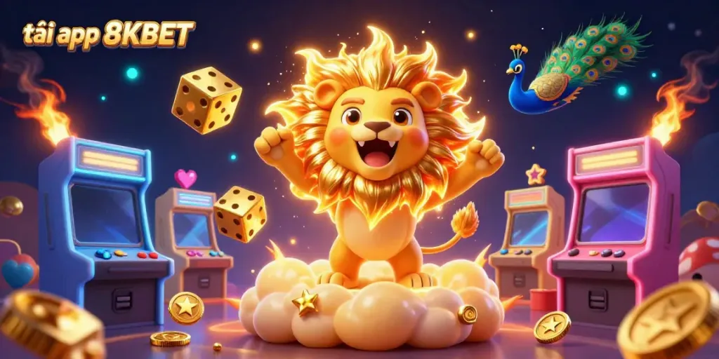 Experience the thrill of tải app 8KBET with vibrant 3D gaming elements and colorful characters in this immersive casino-inspired scene.