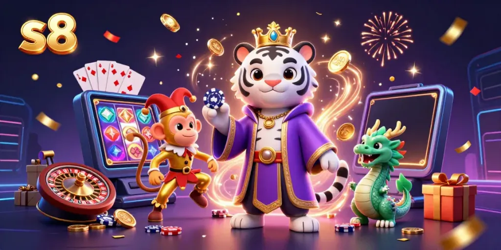 S8 promotional 3D illustration with a regal white tiger, playful monkey, and dragon amidst dynamic casino elements.