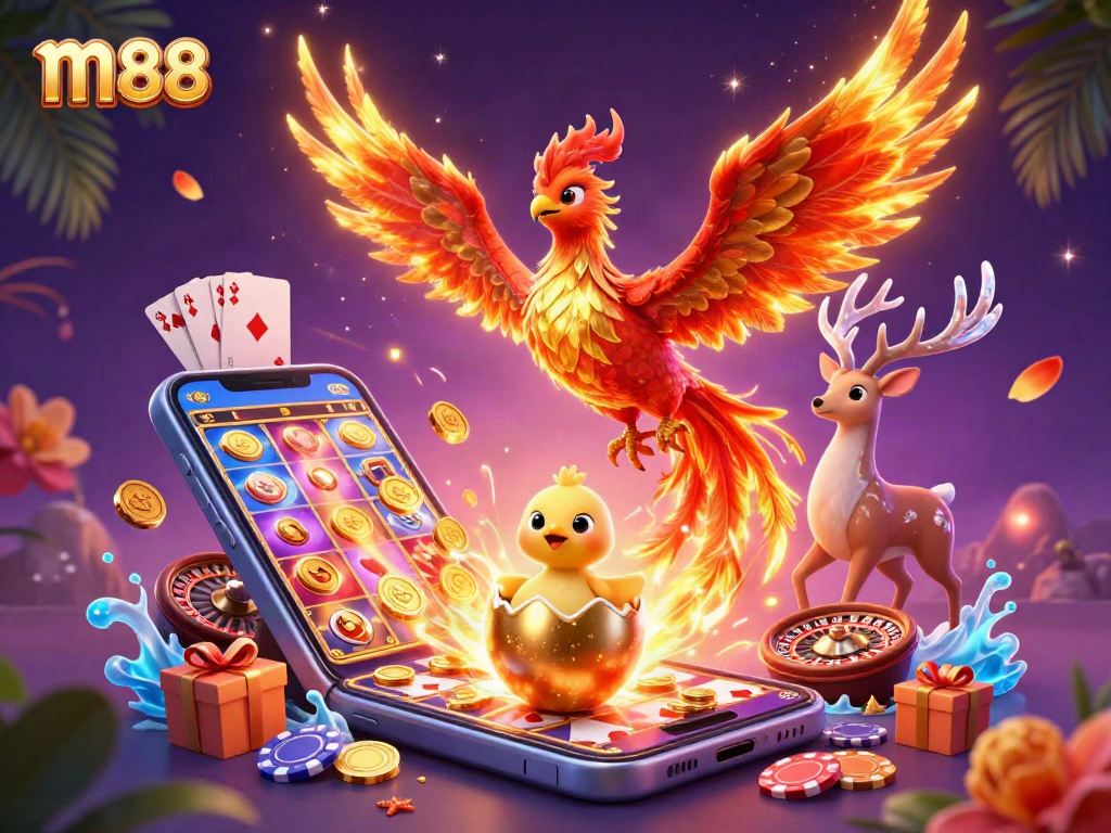 Experience m88's vibrant casino scene with phoenix, baby chick, and a stag.