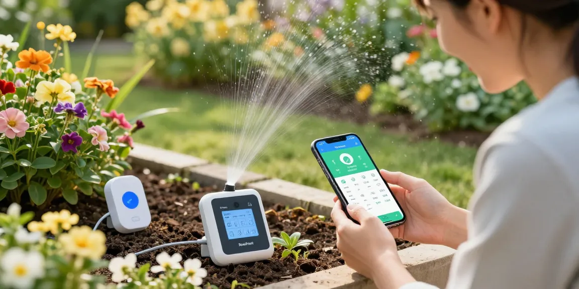 Homeowner using the rainpoint smart sprinkler controller in a vibrant garden to save water and optimize plant growth.