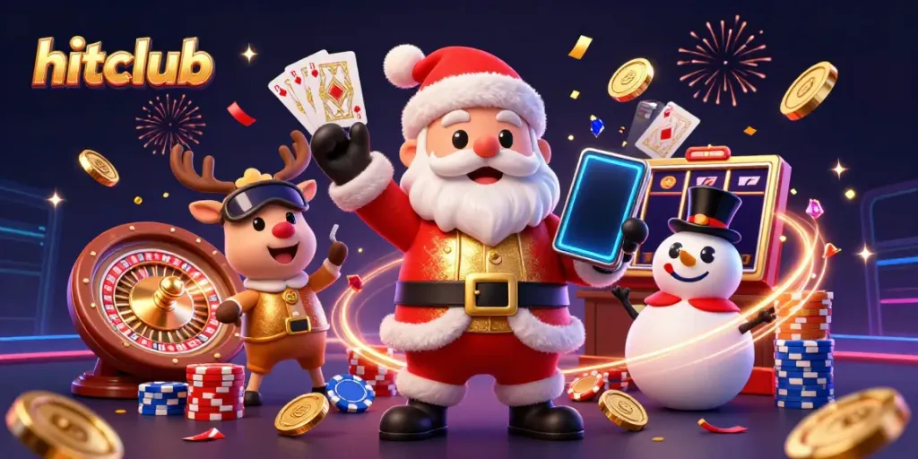 Experience the excitement of hitclub with Santa, a reindeer dealer, and a poker chip snowman in a dazzling casino setting.