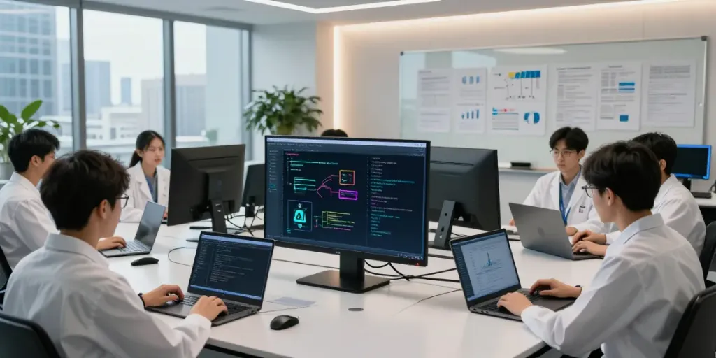 Enterprise AI team collaborating on innovative solutions in a modern lab.