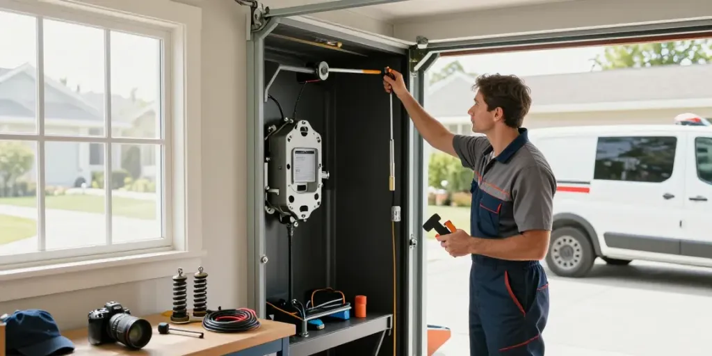 Technician performing garage door repairs with tools in a well-lit garage.