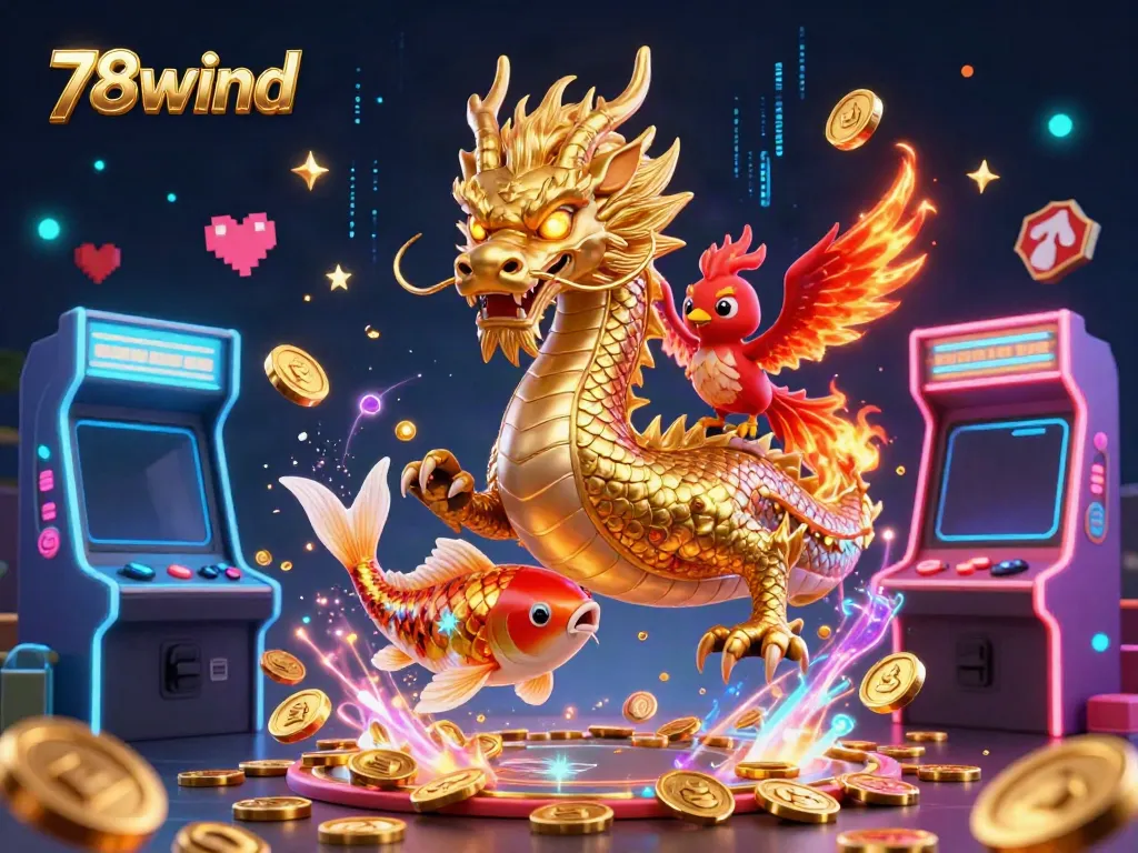 Immerse in the 78wind experience with a golden dragon, phoenix, and koi fish amidst dynamic casino visuals.