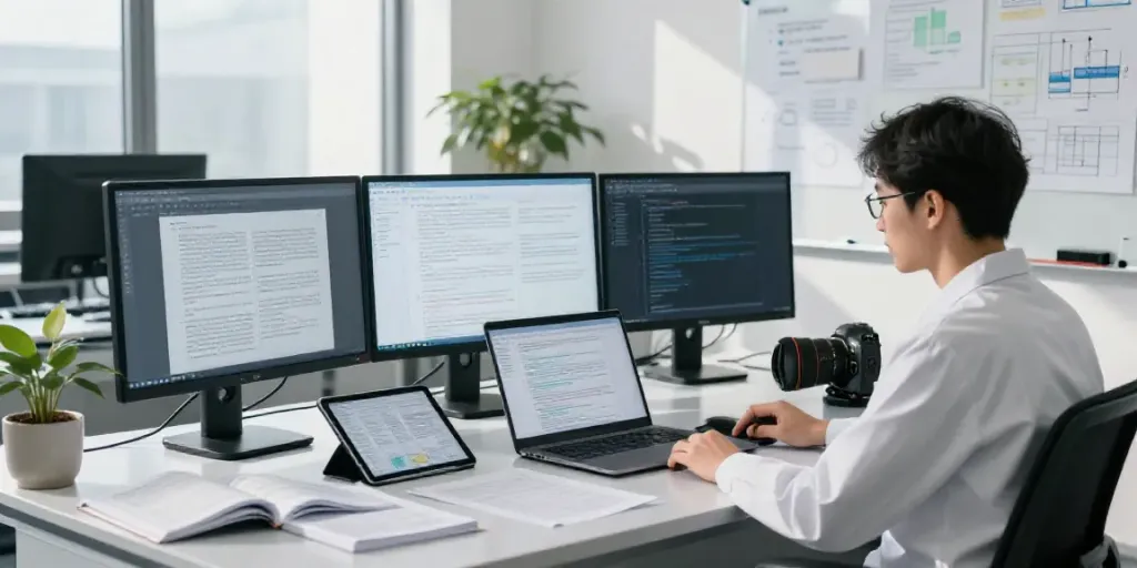 Researcher using AI tools for review articles in a modern lab.