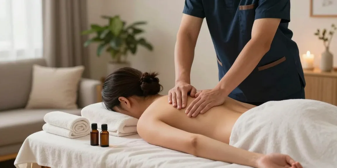 Enjoying a relaxing 용인출장안마 session with a professional therapist in a tranquil home setting.